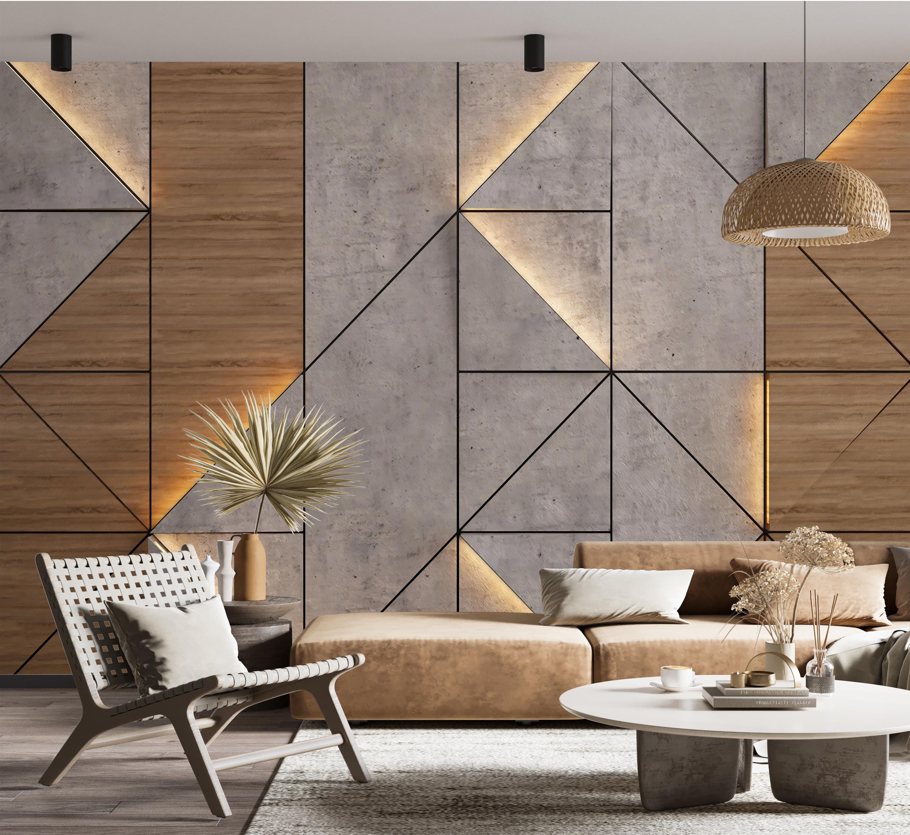 Modern geometric wall treatment in a living room